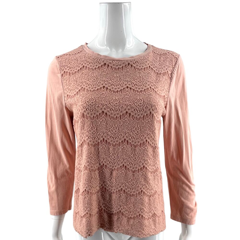 J Crew Womens Lace Front T Shirt Top Size Medium Pink Long Sleeve Style F5016